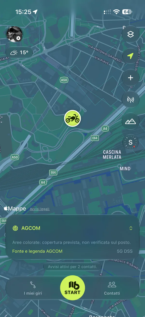La mappa di Scia su iPhone: la moto al centro, il meteo, il livello di copertura AGCOM e il pulsante START